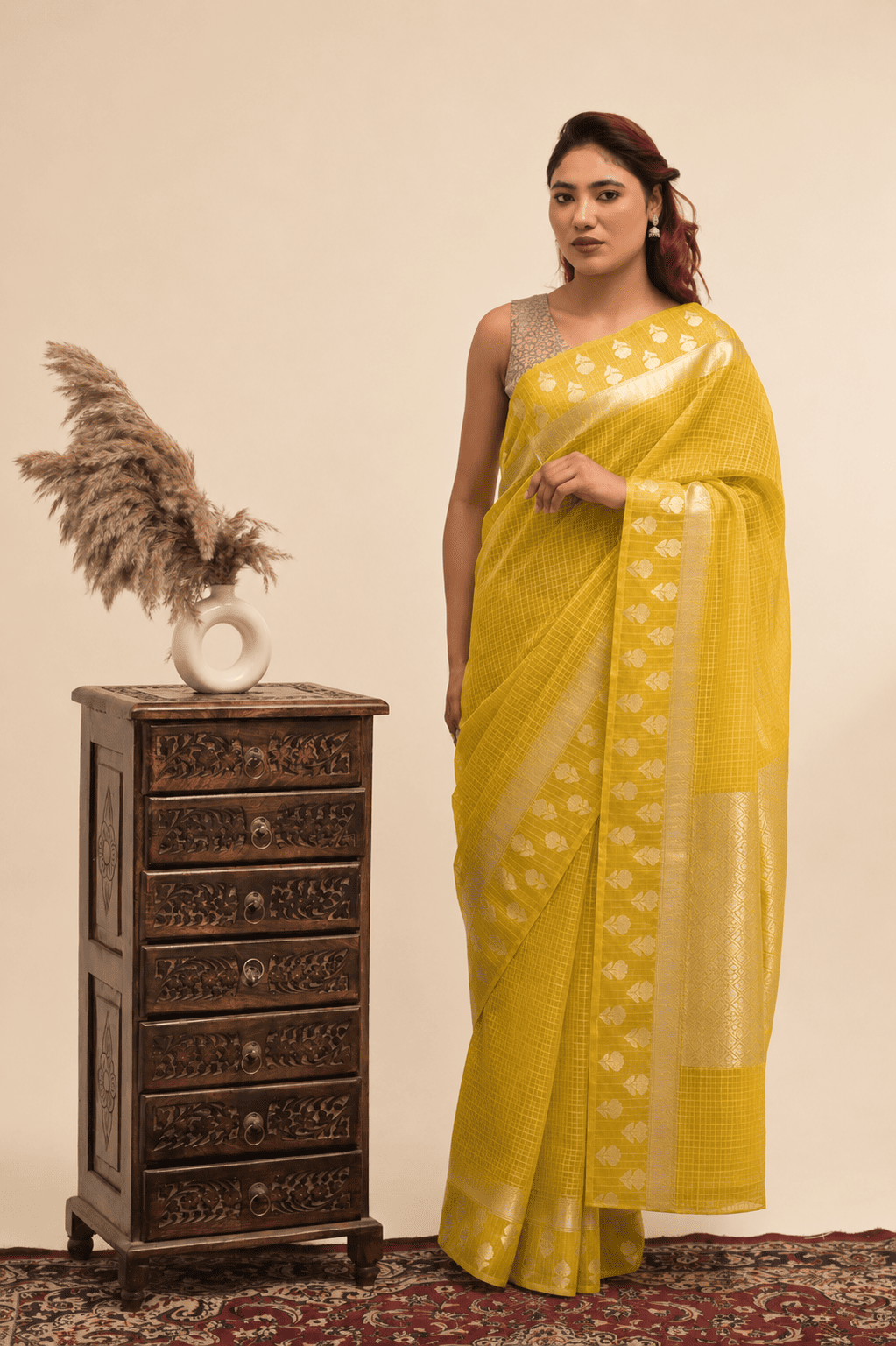 Banarasi Handloom Kora Silk Mustard Yellow Sari with Rose Buti Border & Blouse